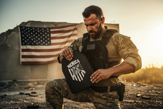 Cinematic hero — operator inserting Level IV plate into Mighty vest