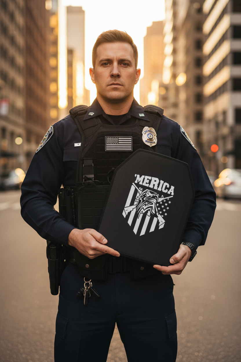 Police officer with vest and plate