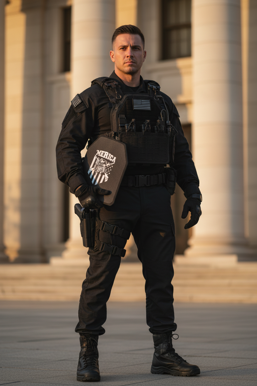 Security operator with vest and plate